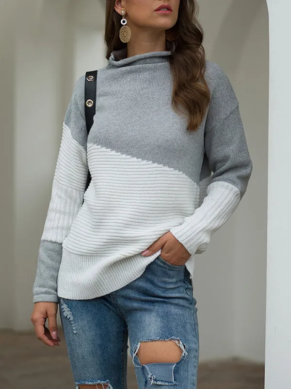 Irregular Sleeve Curling Half-high Collar Hit Color Pullover Sweater