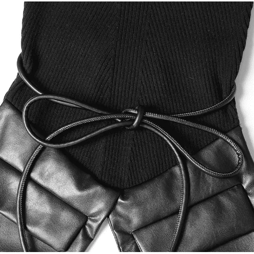 Irregular stitching knitted leather round neck slim sweater