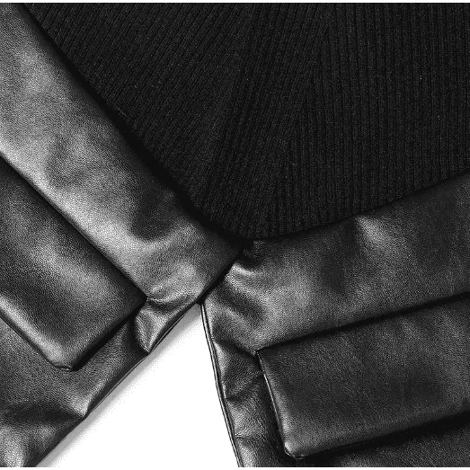 Irregular stitching knitted leather round neck slim sweater