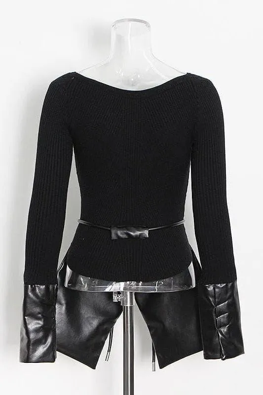 Irregular stitching knitted leather round neck slim sweater