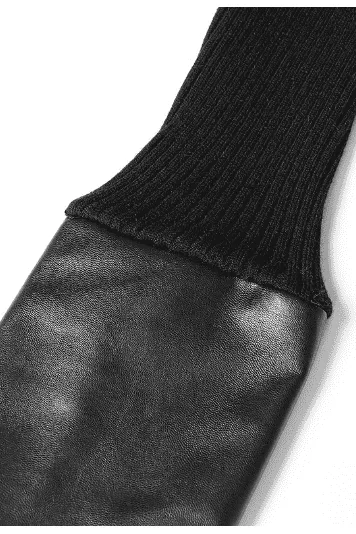 Irregular stitching knitted leather round neck slim sweater