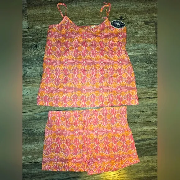John Robshaw cotton pajama set 2pc shorts &amp; cami relaxed fit geometric print i5