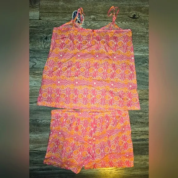 John Robshaw cotton pajama set 2pc shorts &amp; cami relaxed fit geometric print i5