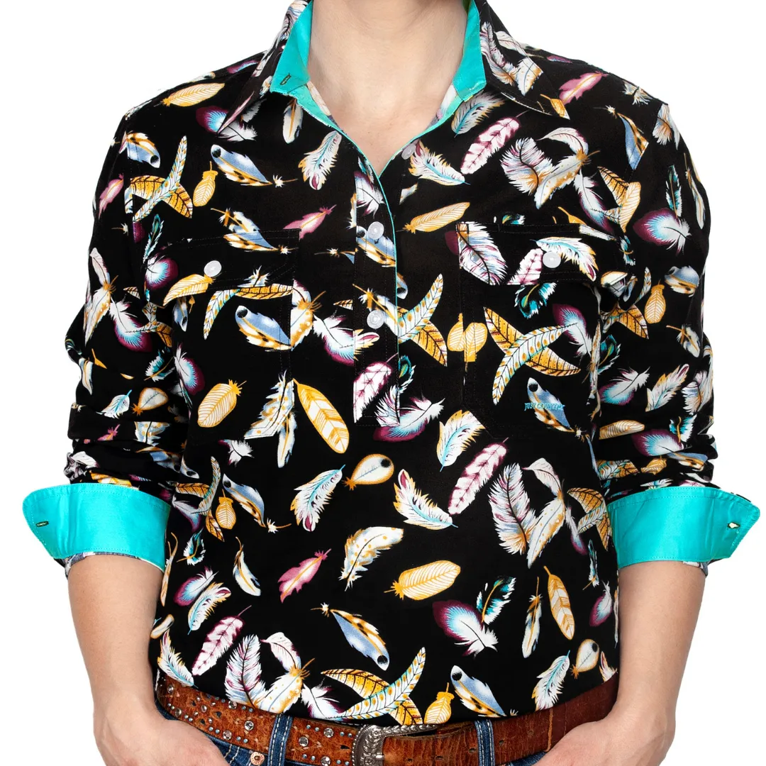 Just Country Womens Georgie Half-Button Print LS Shirt- BLACK FEATHERS