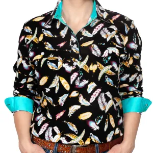 Just Country Womens Georgie Half-Button Print LS Shirt- BLACK FEATHERS