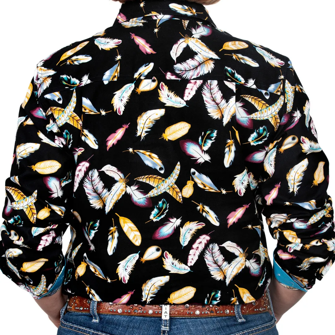 Just Country Womens Georgie Half-Button Print LS Shirt- BLACK FEATHERS