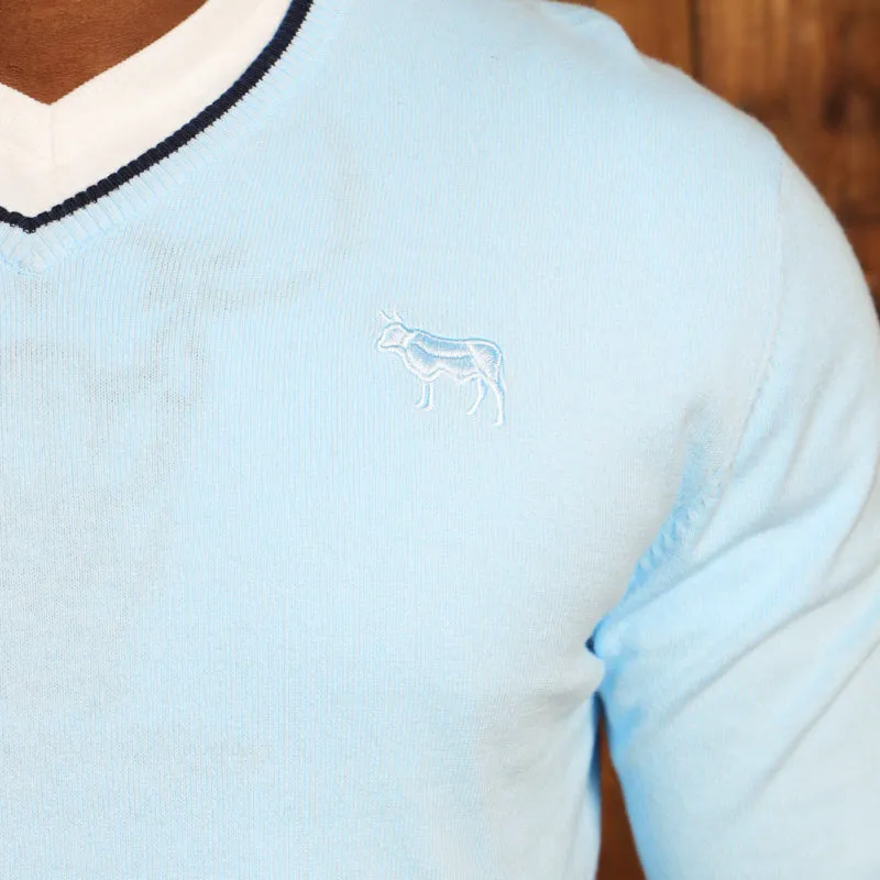 Kingsley Double Tipped Cashmere Blend V-Neck Pullover - Sky