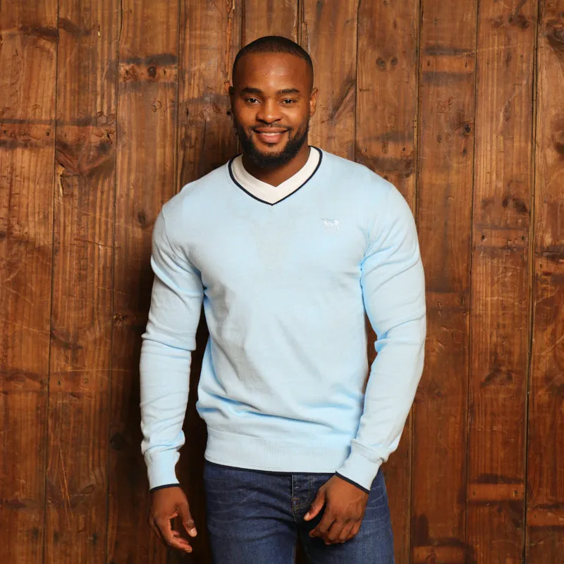 Kingsley Double Tipped Cashmere Blend V-Neck Pullover - Sky