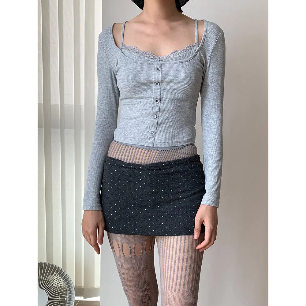 Korea Short Lace Lace Fake Two-piece top