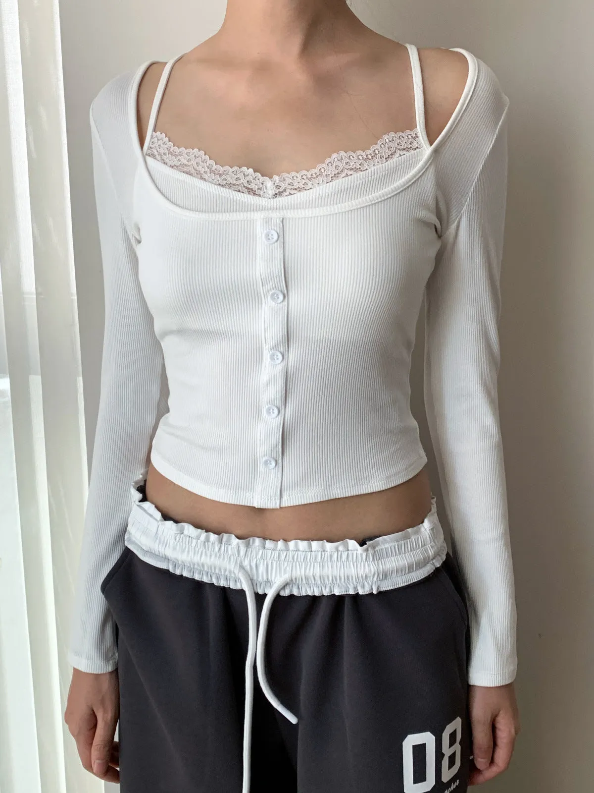 Korea Short Lace Lace Fake Two-piece top