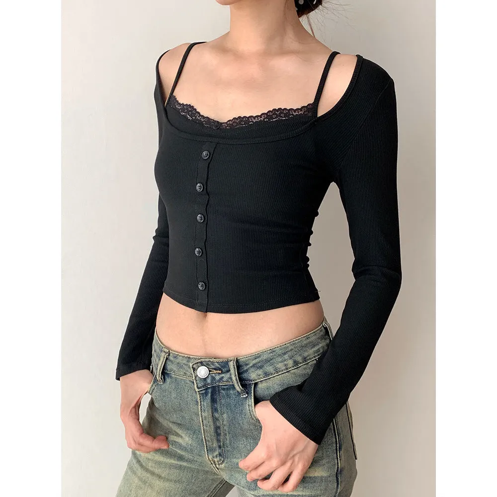 Korea Short Lace Lace Fake Two-piece top