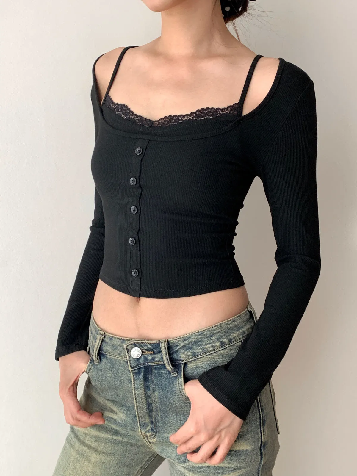 Korea Short Lace Lace Fake Two-piece top