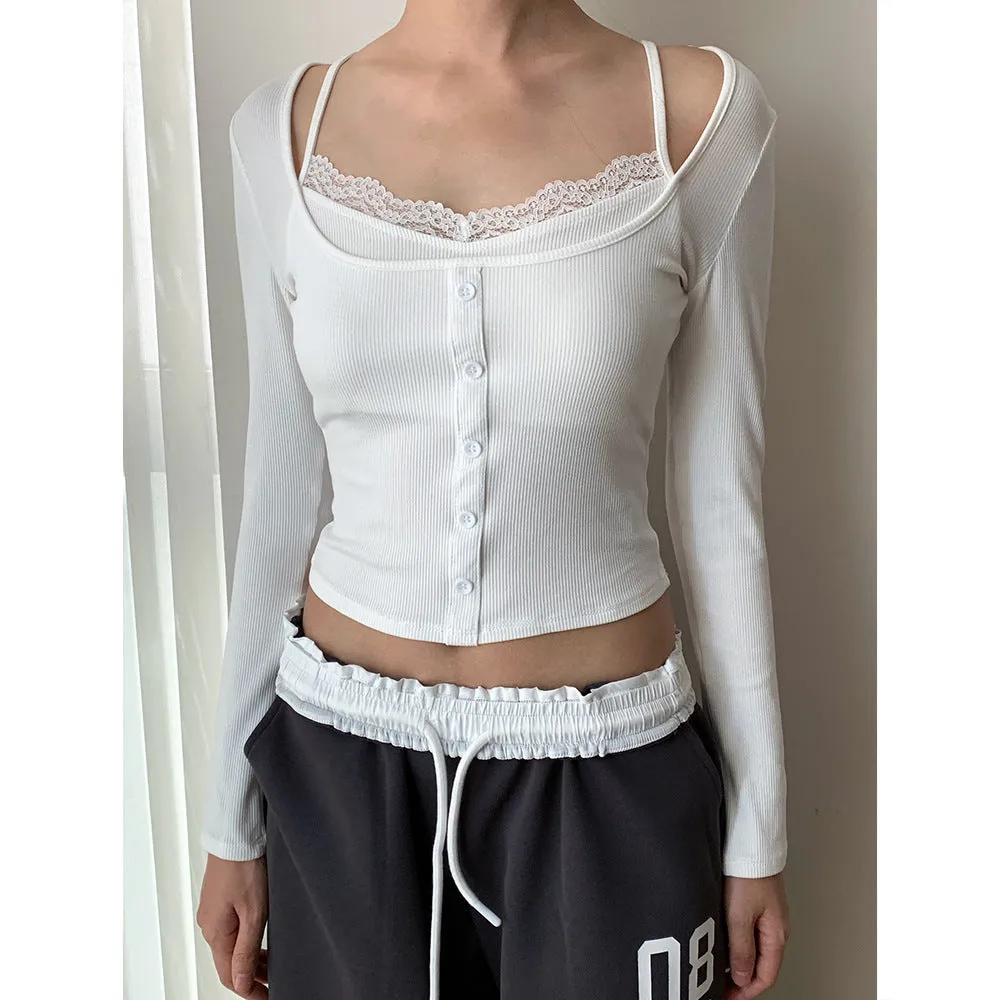 Korea Short Lace Lace Fake Two-piece top