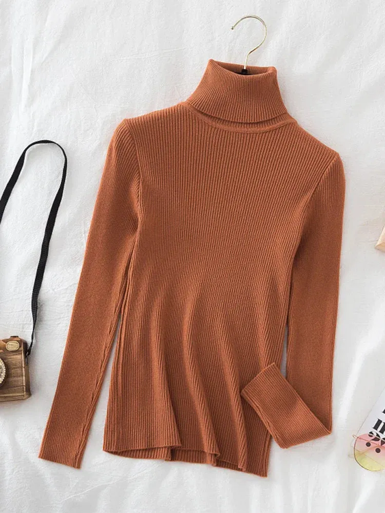Korean Fashion Turtleneck Women Autumn Winter Pullover Sweater Basic Solid Casual Slim Stretch Ribbed Knitted Top Woman Sweaters