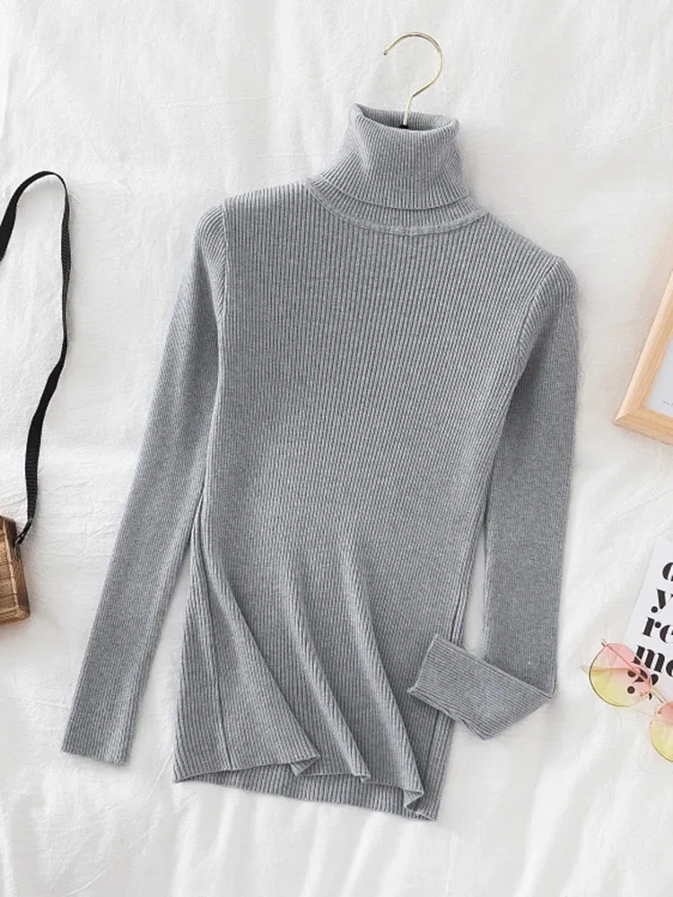 Korean Fashion Turtleneck Women Autumn Winter Pullover Sweater Basic Solid Casual Slim Stretch Ribbed Knitted Top Woman Sweaters