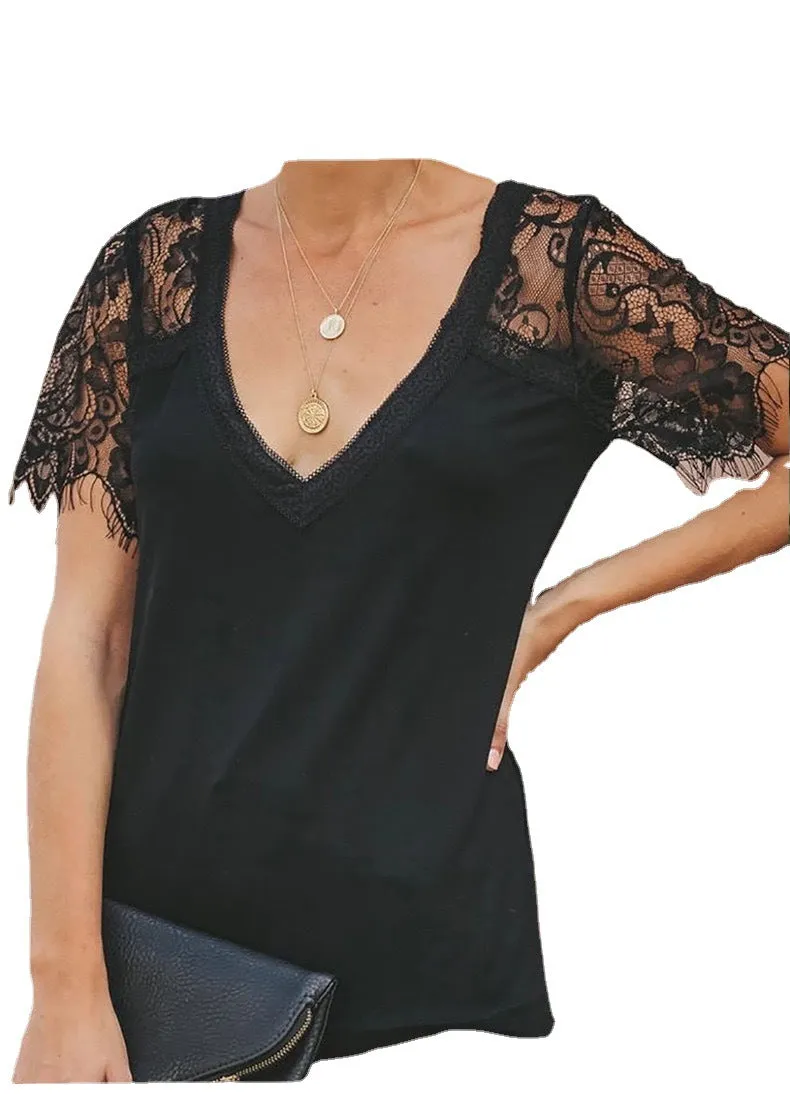 Lacy Sleeved V-neck Feather Lace Top