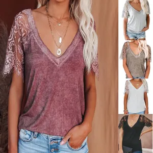 Lacy Sleeved V-neck Feather Lace Top