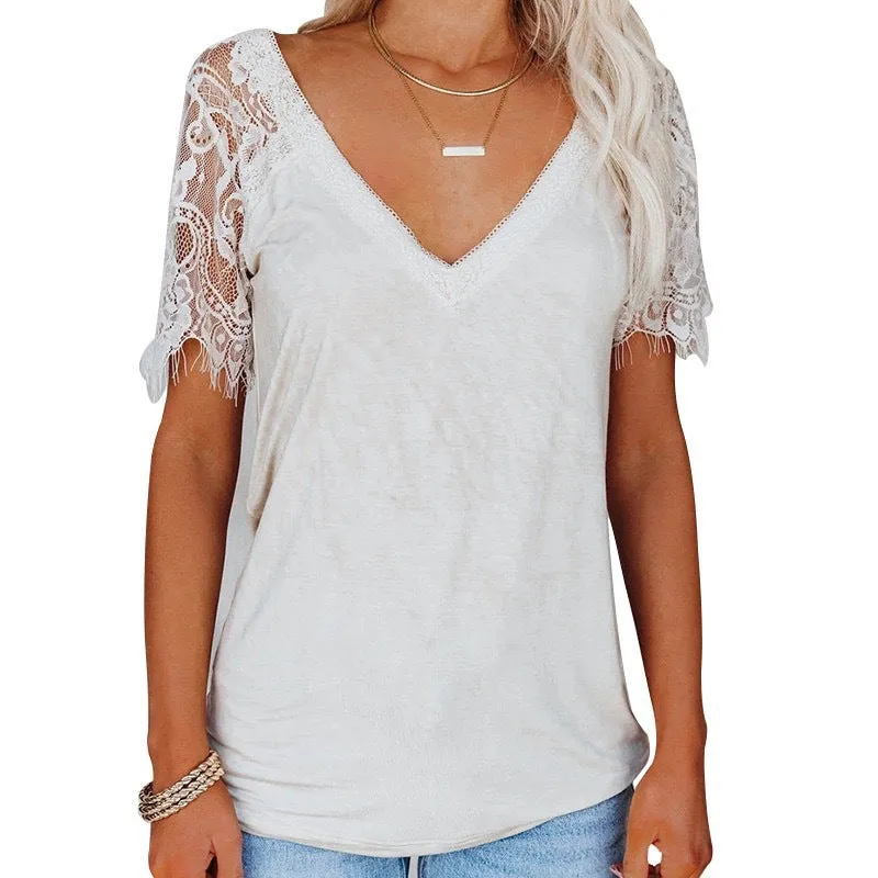 Lacy Sleeved V-neck Feather Lace Top