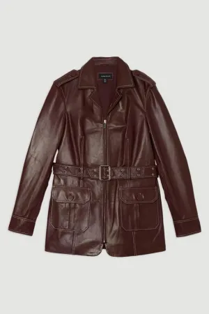 Leather Stitch Detail Tailored Belted Jacket