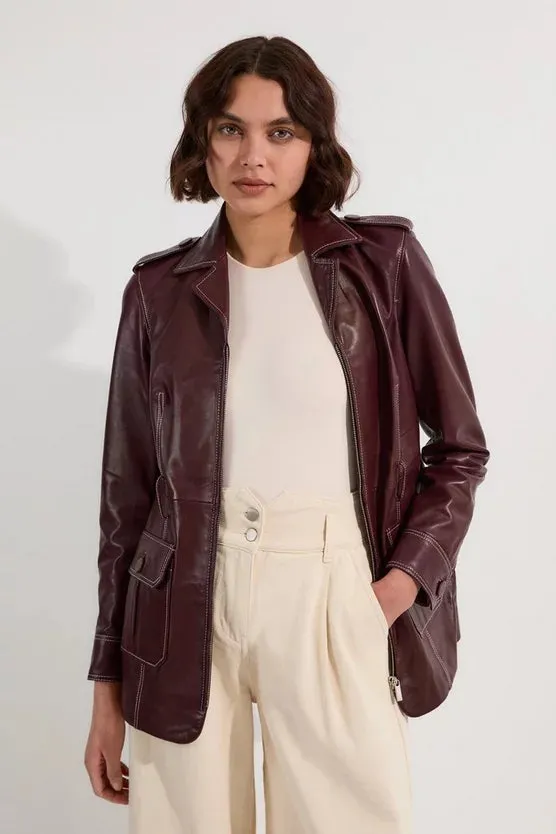 Leather Stitch Detail Tailored Belted Jacket