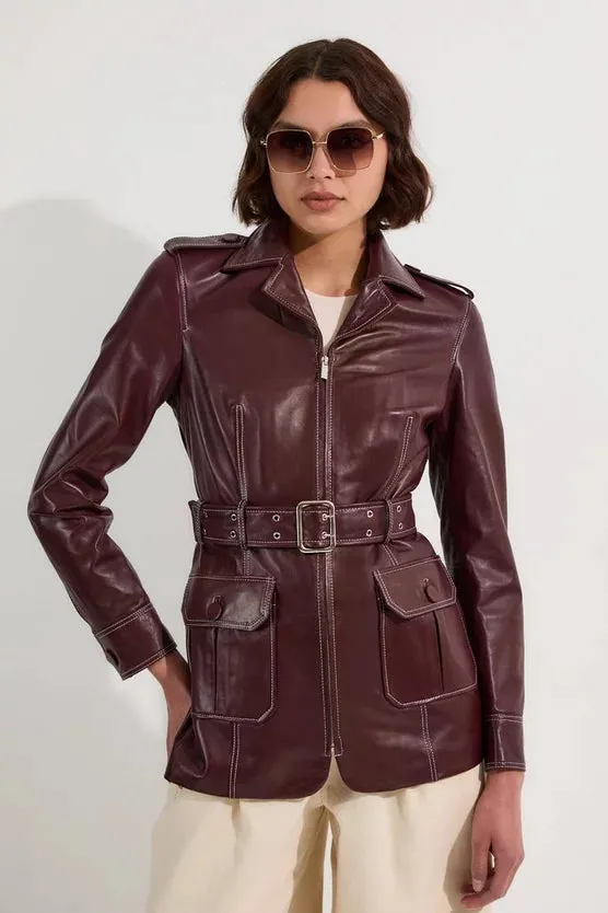 Leather Stitch Detail Tailored Belted Jacket
