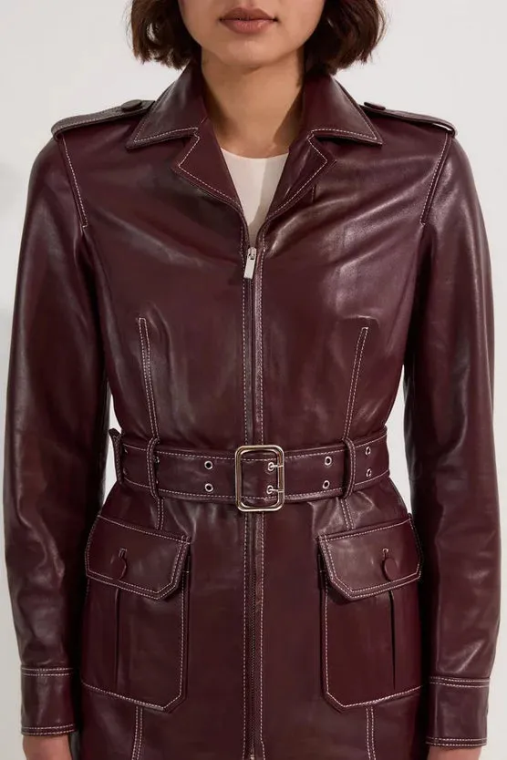 Leather Stitch Detail Tailored Belted Jacket