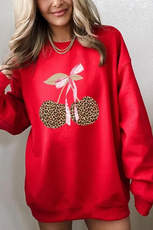 Leopard Cherry Bow Graphic Sweatshirt