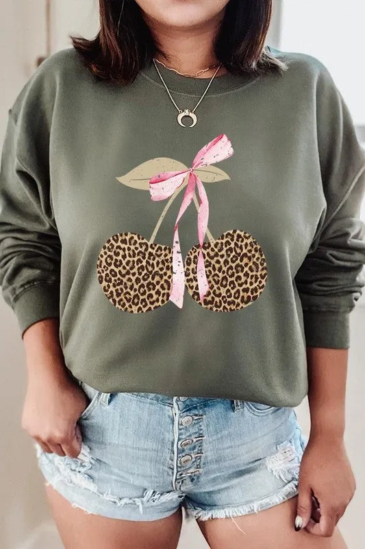 Leopard Cherry Bow Graphic Sweatshirt