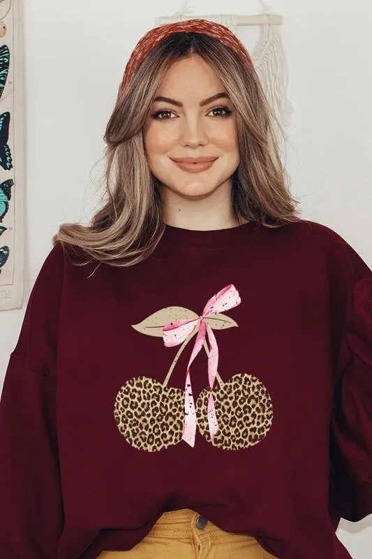 Leopard Cherry Bow Graphic Sweatshirt