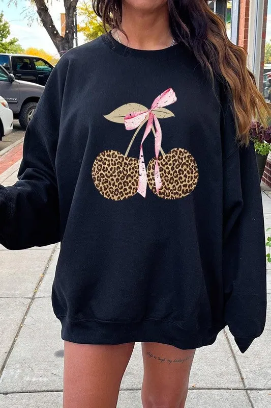 Leopard Cherry Bow Graphic Sweatshirt