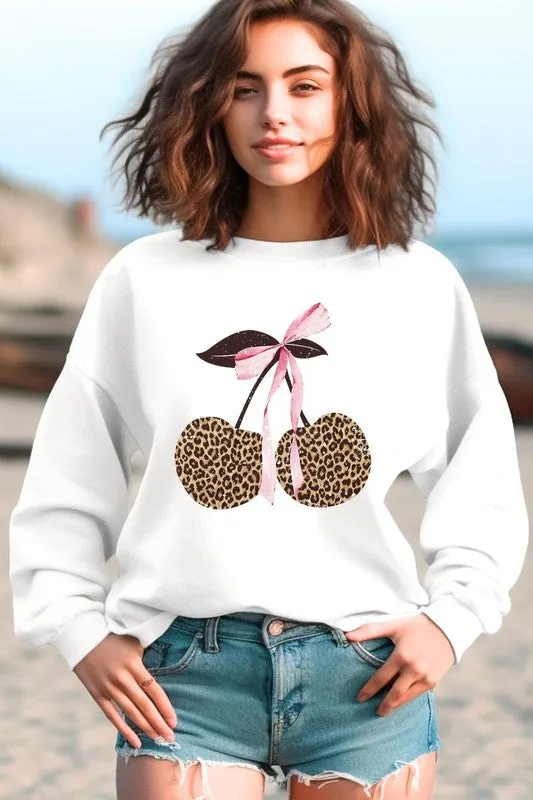 Leopard Cherry Bow Graphic Sweatshirt