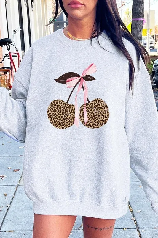 Leopard Cherry Bow Graphic Sweatshirt