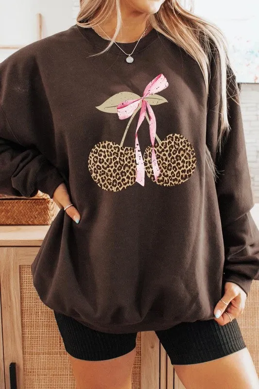 Leopard Cherry Bow Graphic Sweatshirt