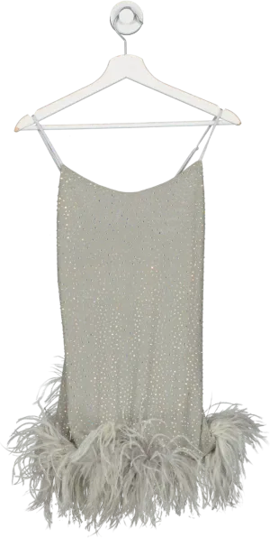 Leslie Amon Grey Laurie Feather Trimmed Rhinestone Crepe Mini Dress UK S