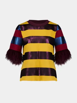 Lyra Sequin Embroidered Striped T-Shirt With Feathers