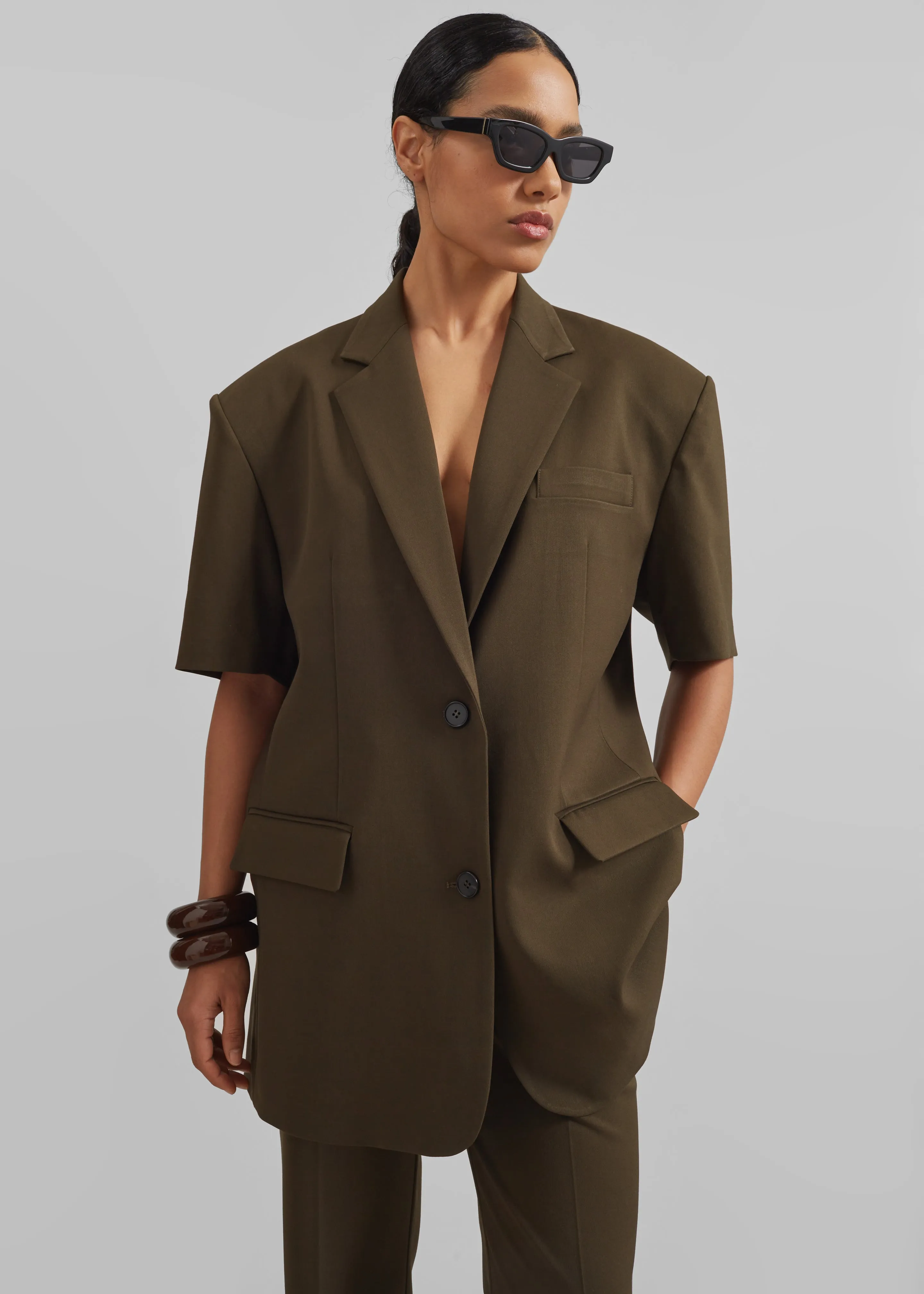 Maisie Short Sleeve Twill Blazer - Khaki