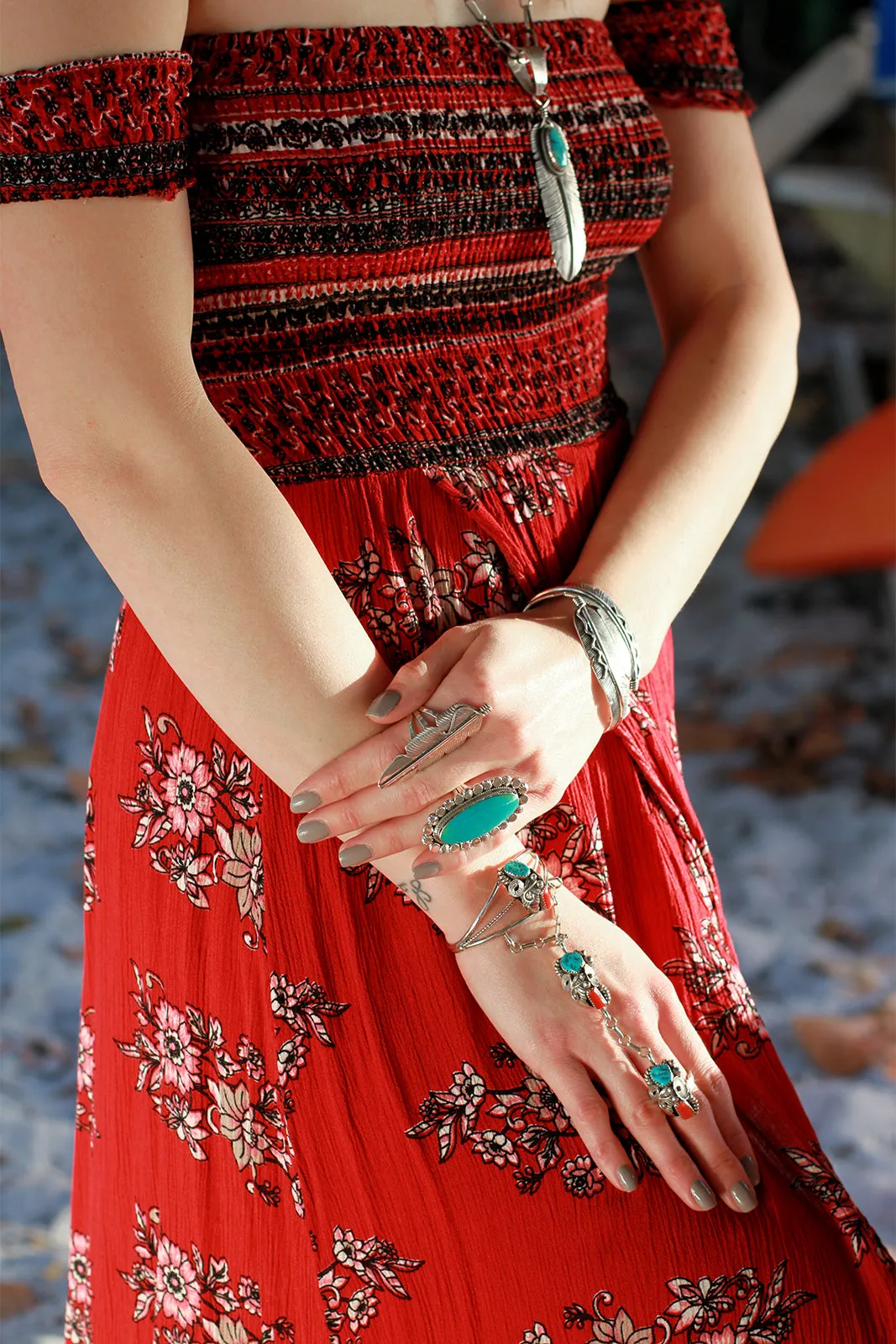 Max Calavaza Turquoise and Coral Hand Chain Bracelet