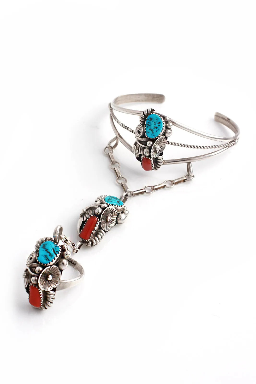Max Calavaza Turquoise and Coral Hand Chain Bracelet