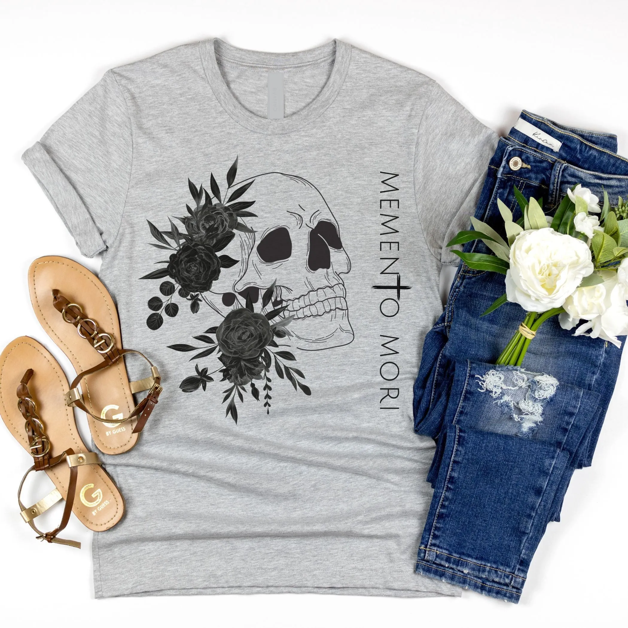 Memento Mori T-Shirt | Black Flowers