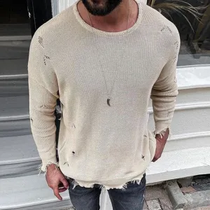 Men'S Fashion Casual Ripped Round Neck Sweater