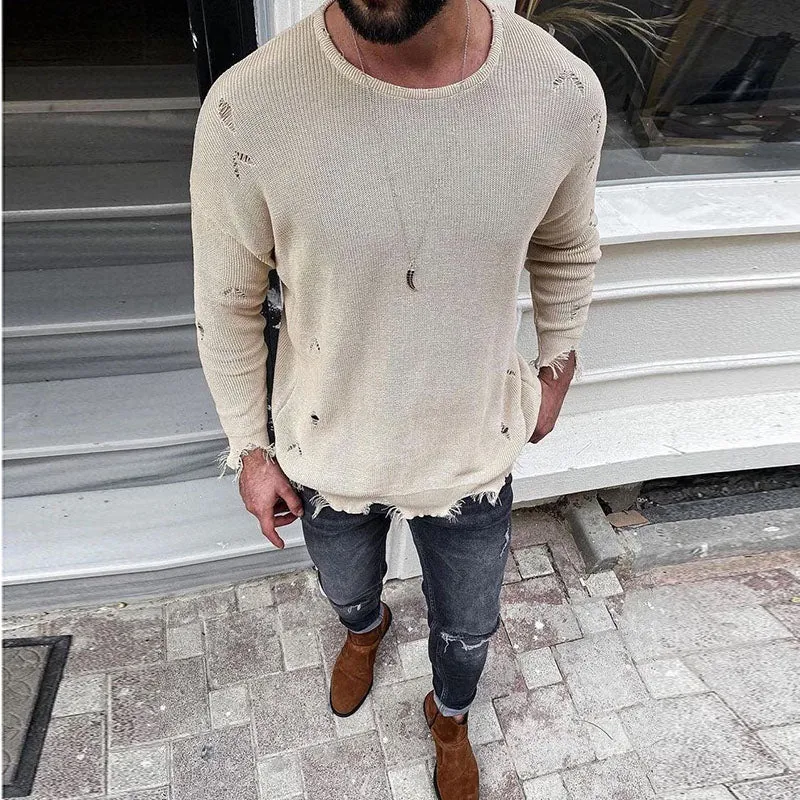 Men'S Fashion Casual Ripped Round Neck Sweater