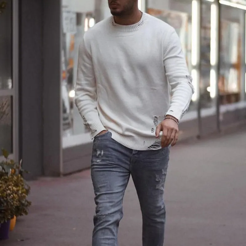 Men'S Fashion Casual Round Neck Distressed Sweater