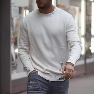Men'S Fashion Casual Round Neck Distressed Sweater