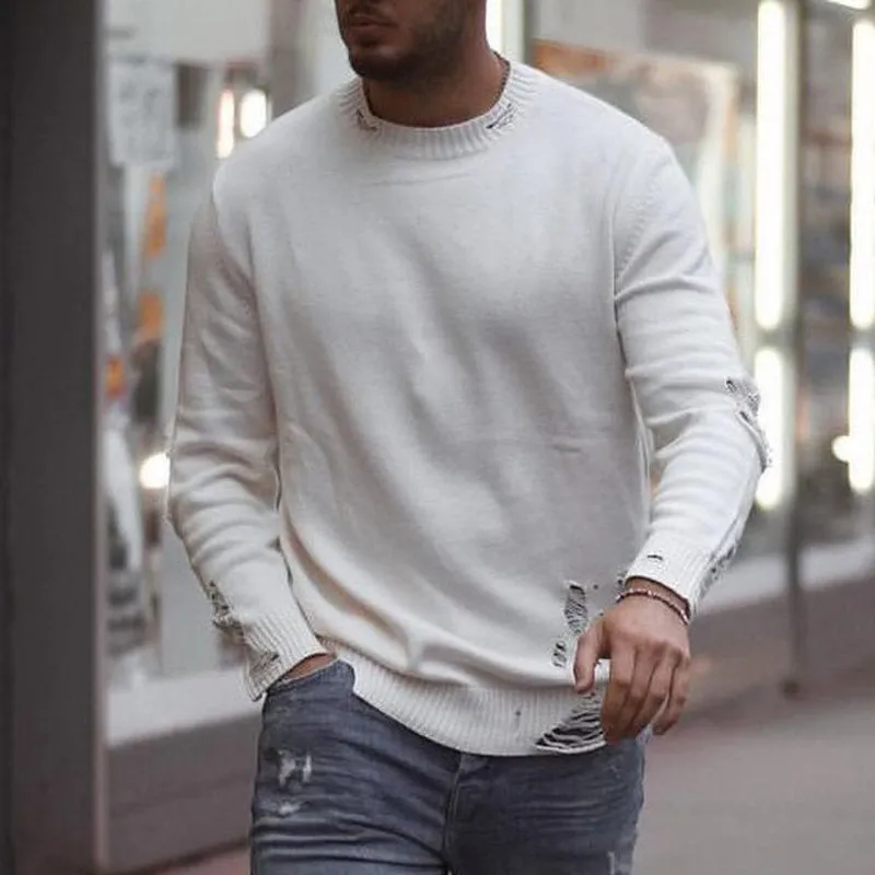 Men'S Fashion Casual Round Neck Distressed Sweater