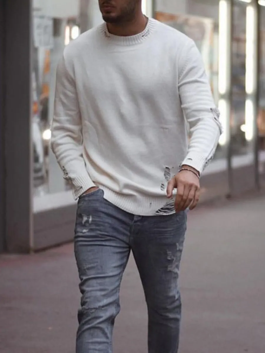 Men'S Fashion Casual Round Neck Distressed Sweater