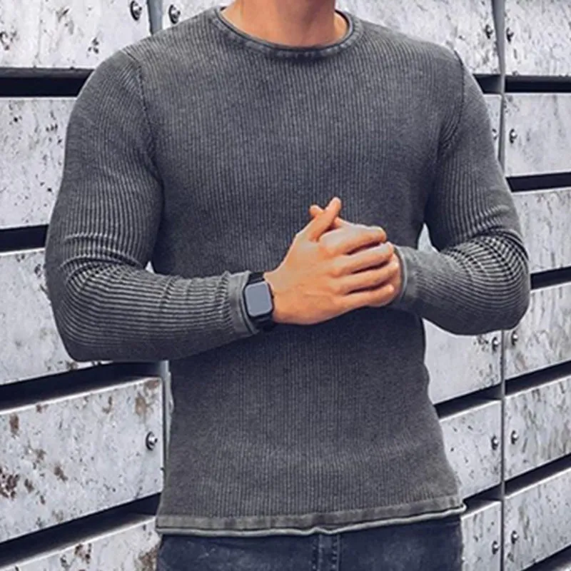 Men'S Fashion Solid Color Round Neck Slim Knit Sweater