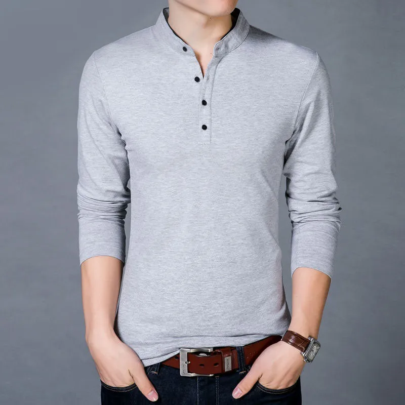 Men's Spring Autumn New Cotton T Shirt Solid Color Mandarin Collar Long Sleeve Top