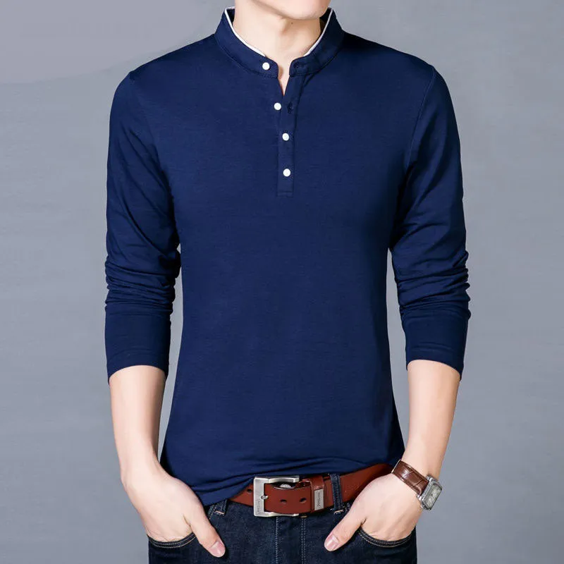 Men's Spring Autumn New Cotton T Shirt Solid Color Mandarin Collar Long Sleeve Top