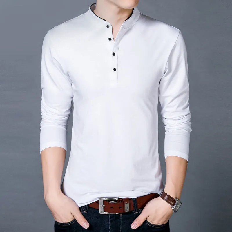 Men's Spring Autumn New Cotton T Shirt Solid Color Mandarin Collar Long Sleeve Top