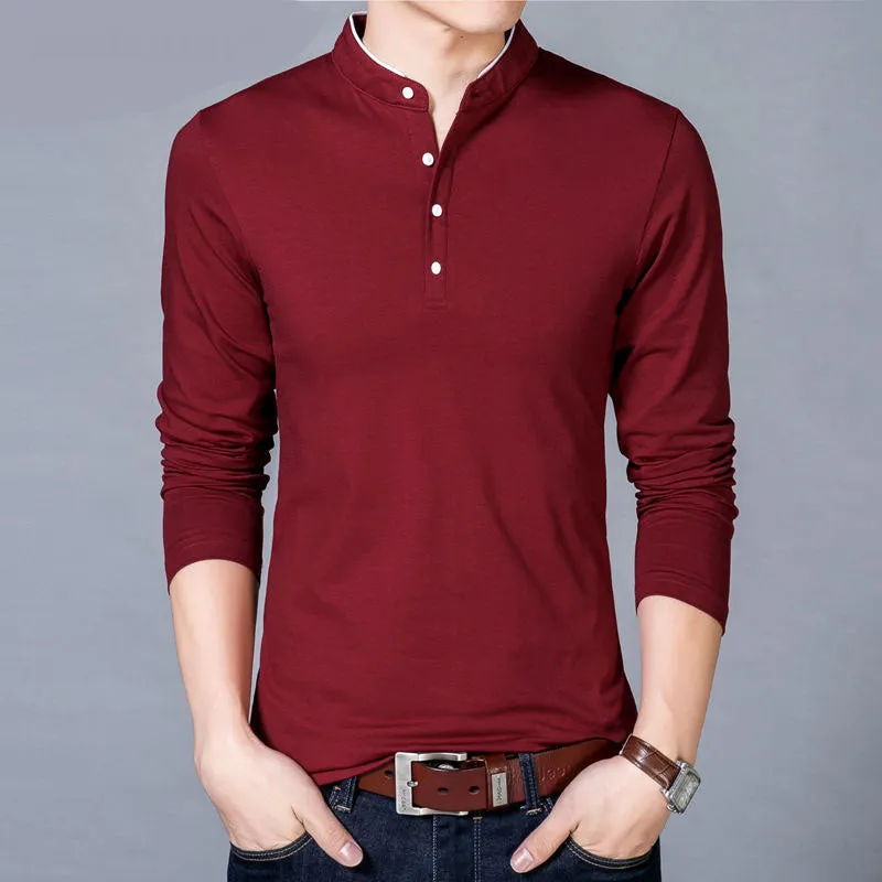 Men's Spring Autumn New Cotton T Shirt Solid Color Mandarin Collar Long Sleeve Top